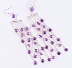 Handmade 925 Sterling Silver Long Chain Dangle Earrings with Amethyst